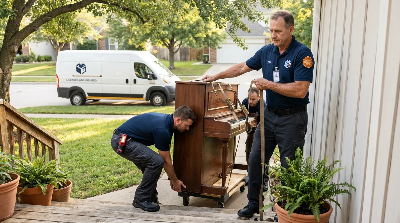 Licensed piano movers securing grand piano in Pine Valley, CA