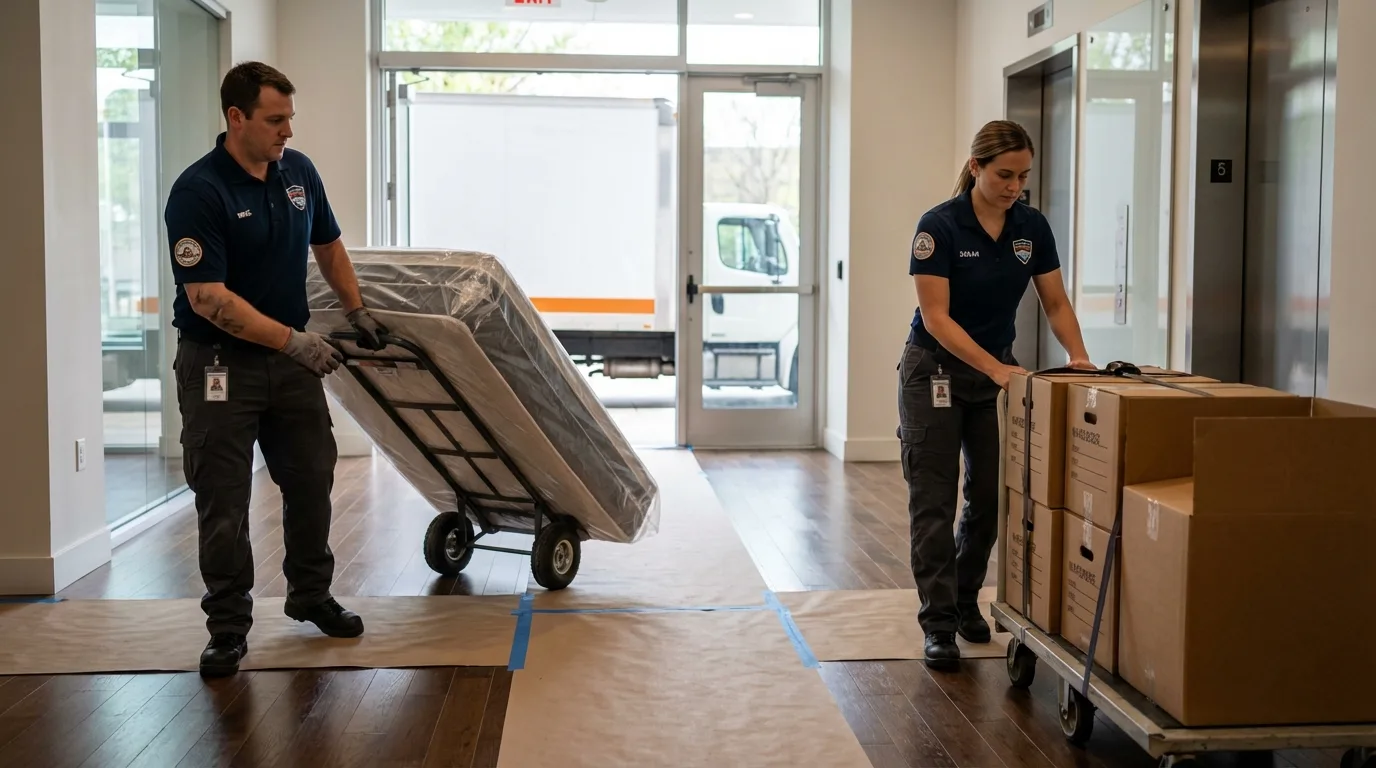 Professional apartment movers loading elevator in Pine Valley, CA